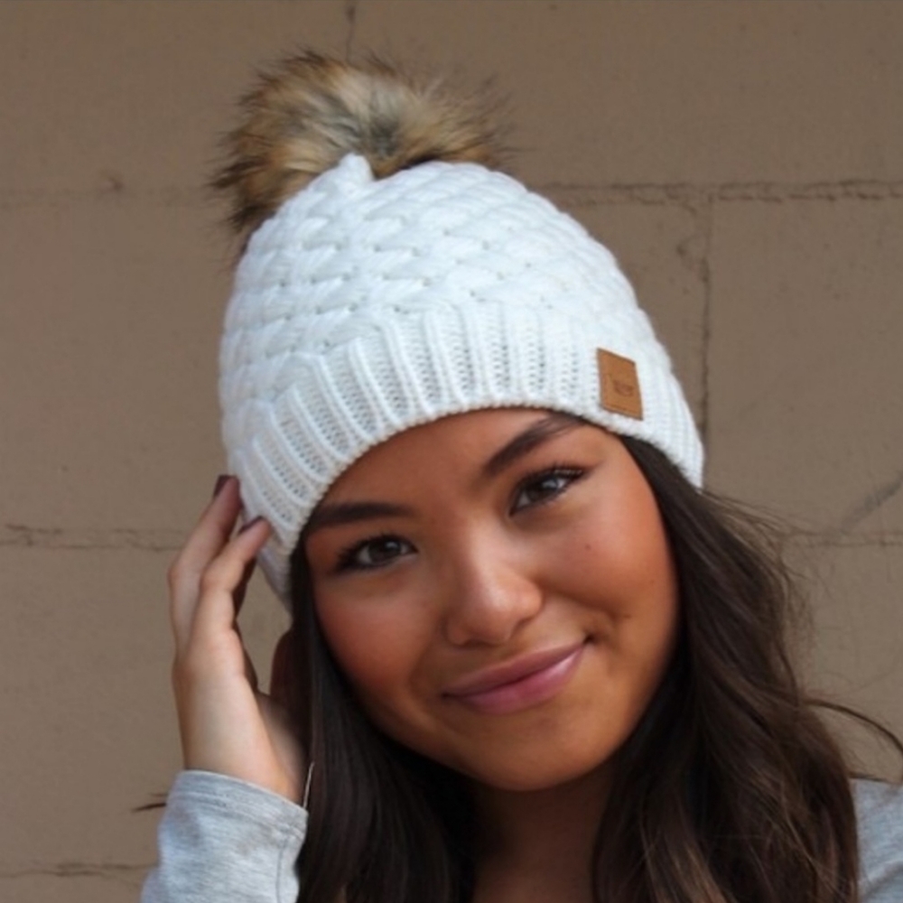 Kara and Kate knitted basket weave stitched beanie hat with pom pom winter white